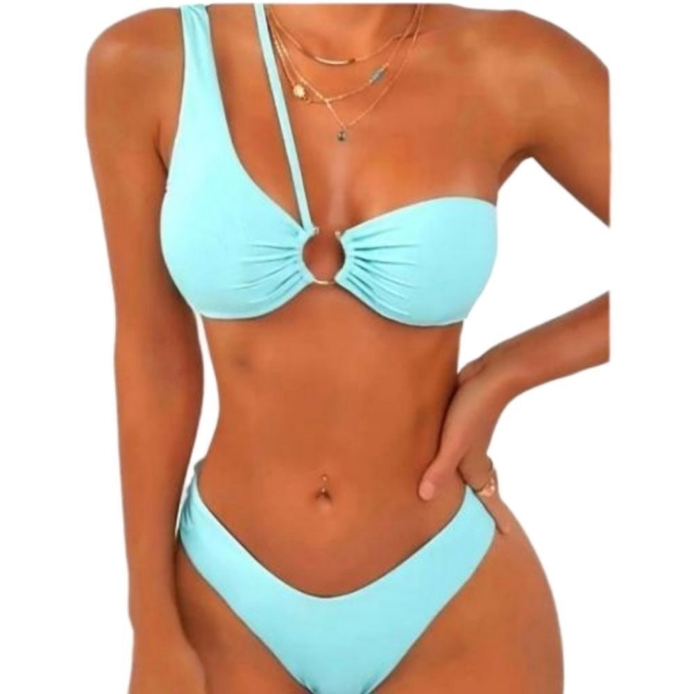 Celeb style Asymmetrical Shoulder Straps Bikini Set sz Medium